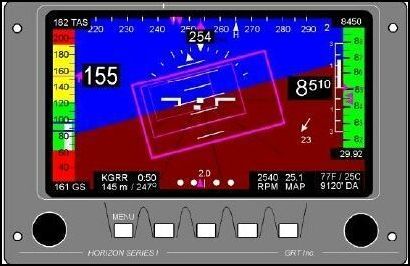 Horizon Series 1 EFIS (Electronic Flight Information System).  This unit will take the place of most of the flight instruments that you would normally install.  It features Airspeed, Altitude, Vertical Speed, Slaved Directional Gyro, Turn bank, slip, True Airspeed , Density Altitude, Outside Air Temperature, Wind Speed and Direction, G-meter, Altitude Encoder Output, Highway In the Sky Guidance, and Vertical Guidance � Never miss an assigned altitude or begin a descent too late.  This unit can also be ordered with engine monitoring but I wanted a different unit for that.