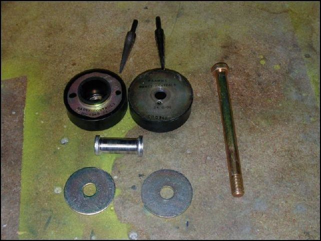 My barry engine mounts are made for AN7 bolts, however the dynafocal mount for my engine is drilled for AN8 bolts.  So, I had to modify the mounts a bit by drilling the bushings and center mount holes to 1/2 inch instead of 7/16 inch.  Not a huge difference and thanks to the use of a step bit the job was fairly easy to do.