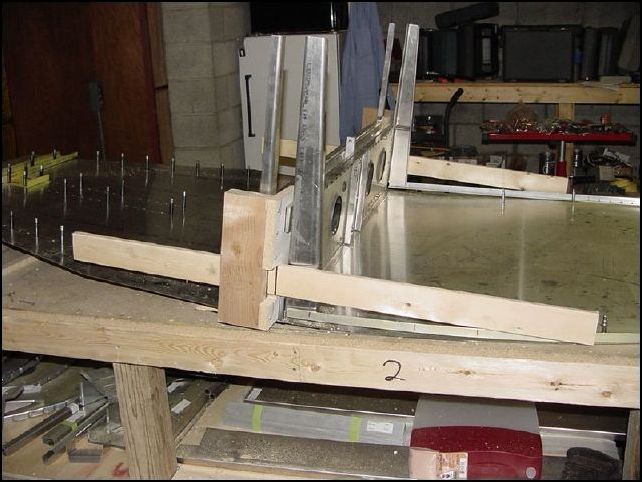 Make two simple wood jigs.  The lenght of the jig should be 1076mm as shown on drawing 640-F-20.  I made a jig with a center section that slides into the center spar and the 1076mm part can slide forward and back.  Then I moved the 1076mm long part so that it was 618mm from the inside of the center spar to the rear of the jig.  Then I secured it in place with screws.  The center part of the jig is bolted to the center spar.