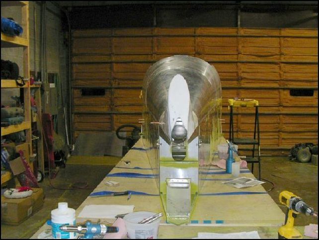 rear view of fuselage with top skins riveted in place.  The fiberglass saddle is not riveted yet.  I just wanted it in place while riveting the top skins to make sure it would fit correctly.