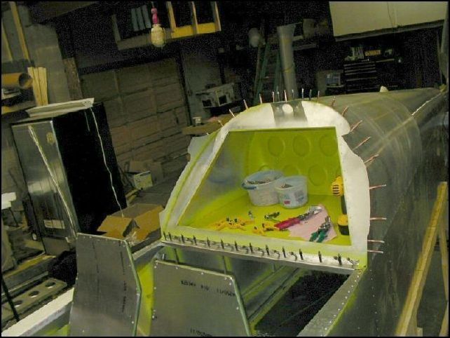 Another image showing bulkhead 3 with rear seat top Z and flap motor bracket clecoed in place.  This image does not show the flap motor bracket, but it is there, behind bulkhead 3 and 45 mm from the left side.